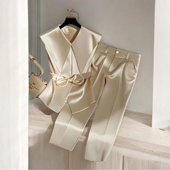 Pants - Elegant Champagne Two Piece Sleeveless Top With Bow Detail And Straight Leg